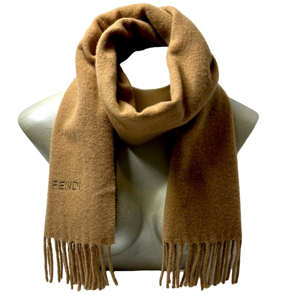 FENDI | Wool Camel Brown Tan Tassel Fringe Scarf Wrap Pashmina - Picture 4 of 11